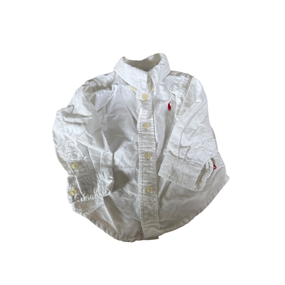 Ralph Lauren Baby Boy White Cotton Oxford Button Down Shirt Red Pony 9M
